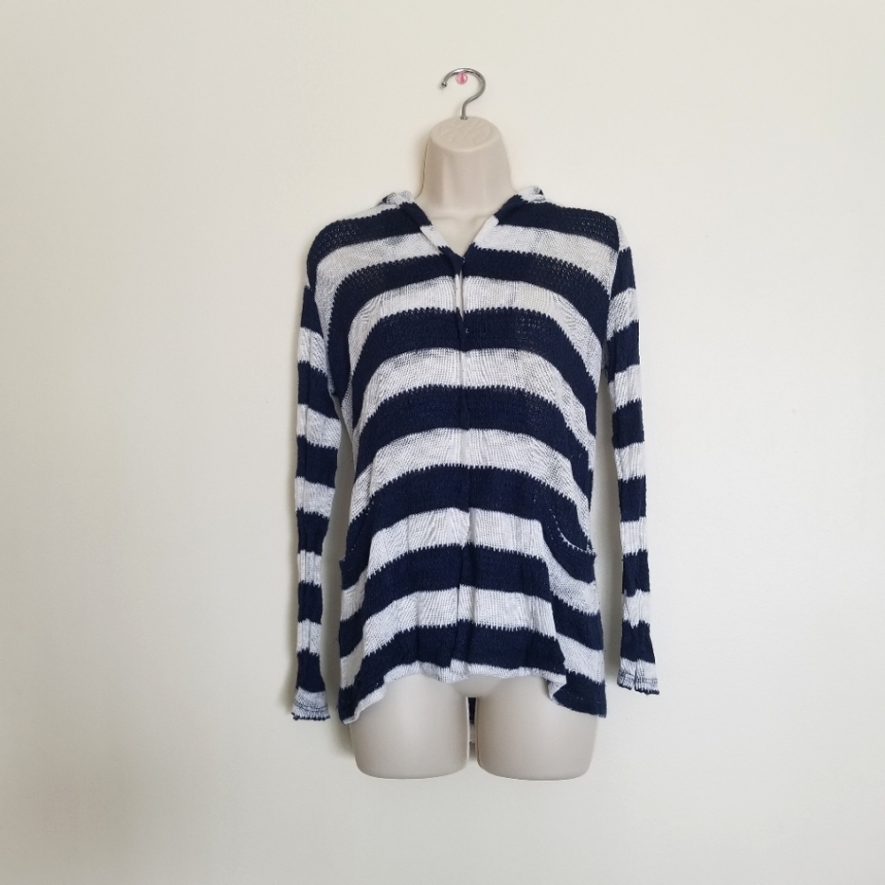 Splendid Navy Blue White Striped Hooded Cardigan Long Sleeve Top Size M